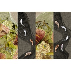 Papier peint japonais moderne abstrait - Les lotuset les poissons
