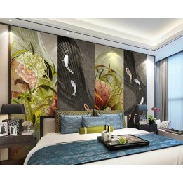 Papier peint japonais moderne abstrait - Les lotuset les poissons
