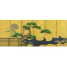 Peinture japonaise ancienne fond jaune doré - Bonsaï géant et les canards