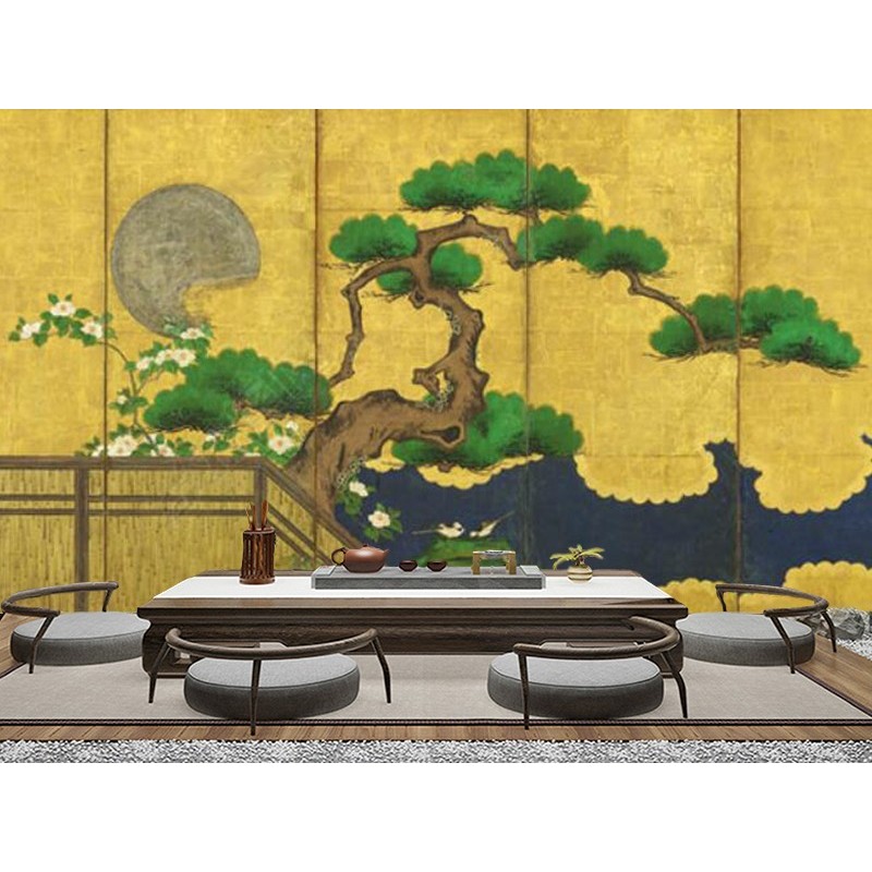 Peinture japonaise ancienne fond jaune doré - Bonsaï géant et les canards