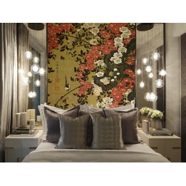 Panneau vertical chinoiserie vintage - Fleurs rouges blanches et oiseaux sur fond jaune sépia