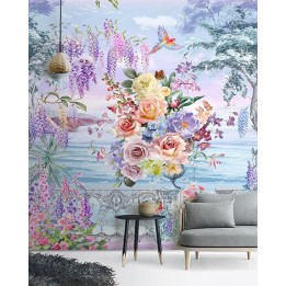 Balcon fleuri au bord de la mer - Bouquet de fleurs, glycine et perroquet