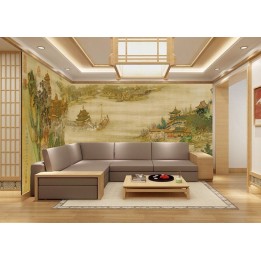Paysage asiatique grand format panoramique XXXL - Groupe de bâtiment au bord de la rivière