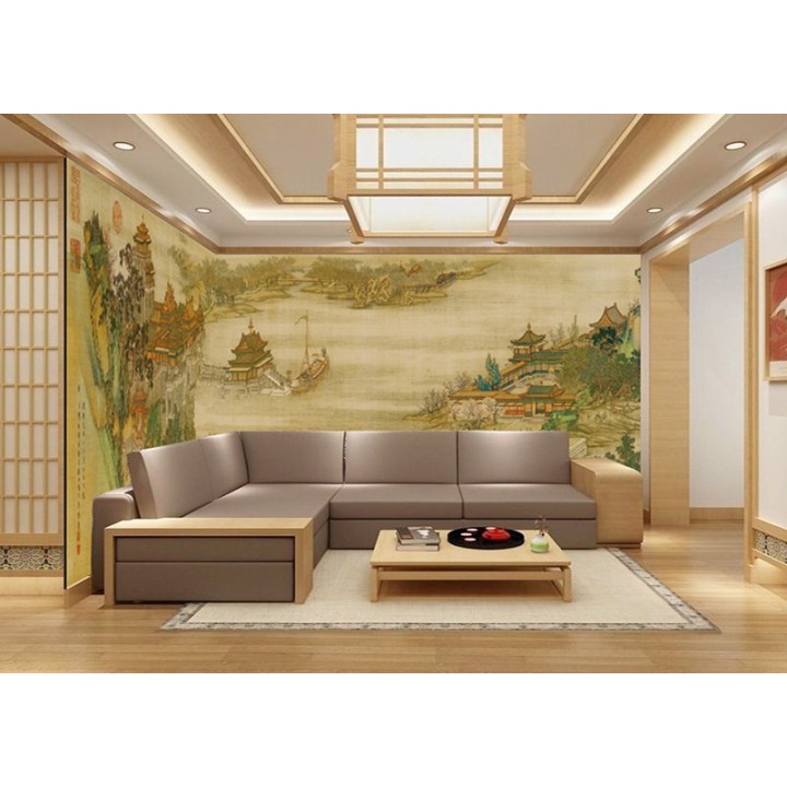 Paysage asiatique grand format panoramique XXXL - Groupe de bâtiment au bord de la rivière