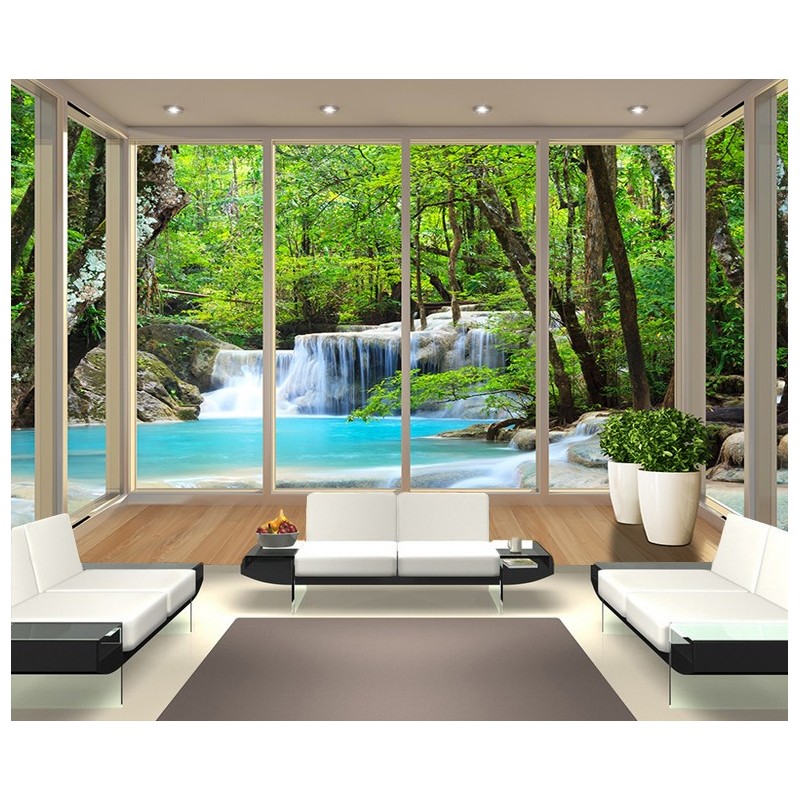 Window Waterfall In The Forest Scenery Wall Mural