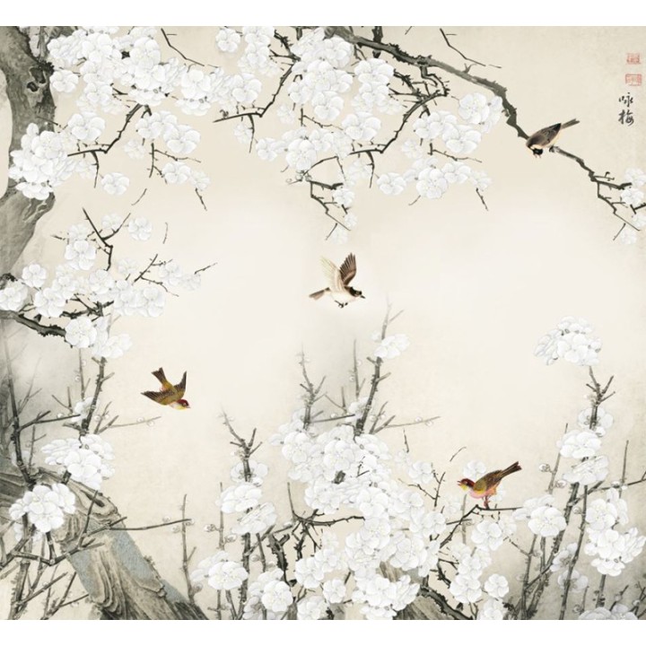 Fleurs blanches de l'abricotier du Japon et oiseaux sur fond beige, couleurs légères