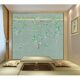 Peinture asiatique thématique fleurs et oiseaux - Oiseaux sur branches de glycine, fond vert pastel