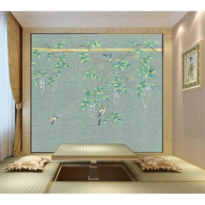 Peinture asiatique thématique fleurs et oiseaux - Oiseaux sur branches de glycine, fond vert pastel