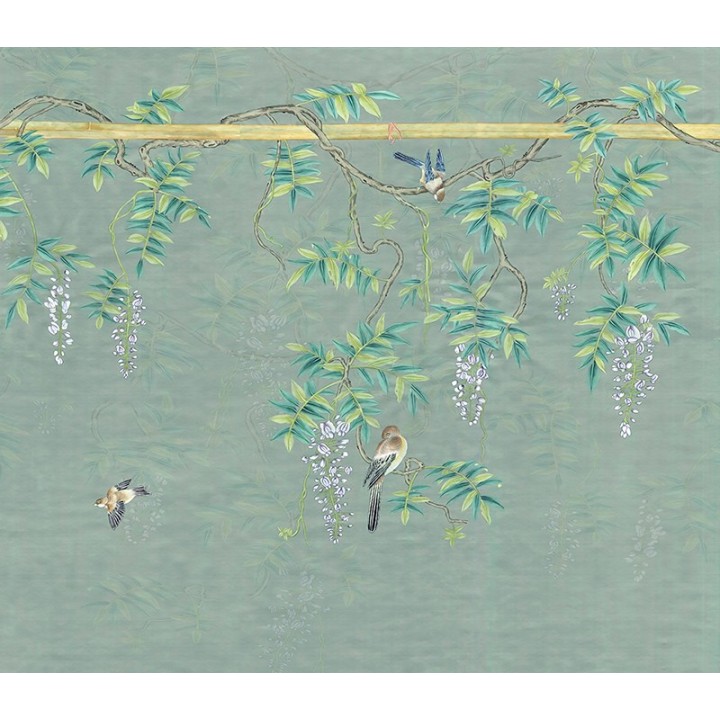 Peinture asiatique thématique fleurs et oiseaux - Oiseaux sur branches de glycine, fond vert pastel