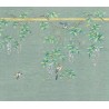 Peinture asiatique thématique fleurs et oiseaux - Oiseaux sur branches de glycine, fond vert pastel