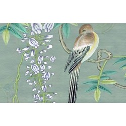 Peinture asiatique thématique fleurs et oiseaux - Oiseaux sur branches de glycine, fond vert pastel