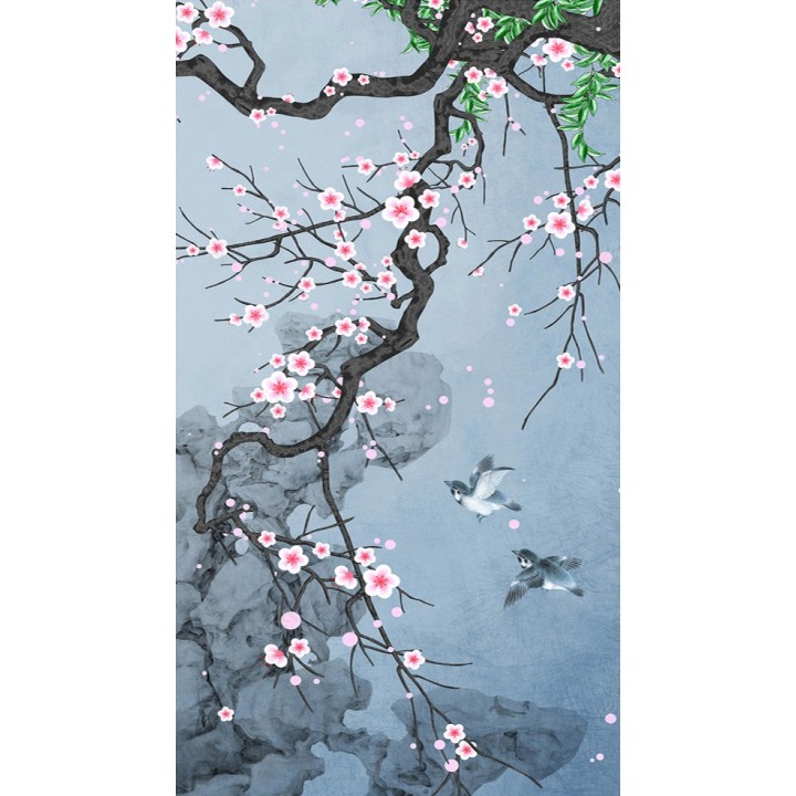 Fleurs de cerisier et oiseaux dans la nuit format vertical, ton bleu