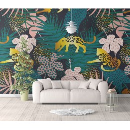 Papier peint contemporain jaune doré, rose, vert, bleu - Jaguar dans la jungle