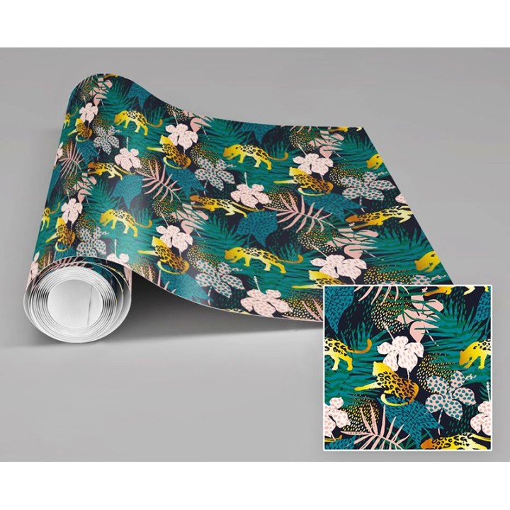 Papier peint contemporain jaune doré, rose, vert, bleu - Jaguar dans la jungle