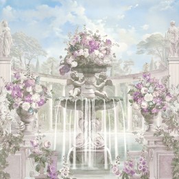 Art et architecture anciens - Colonnes en demi cercle, fontaine, statues, anges et fleurs mauves