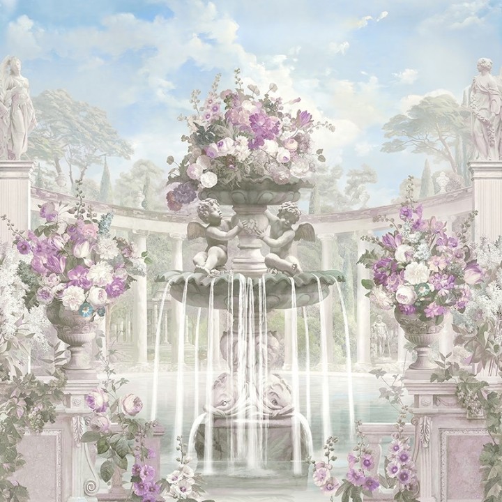 Art et architecture anciens - Colonnes en demi cercle, fontaine, statues, anges et fleurs mauves
