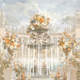 Jardin et architecture anciens effet sépia - Colonnes en demi cercle, fontaine, statues, anges et fleurs oranges