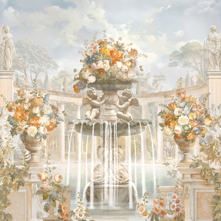 Jardin et architecture anciens effet sépia - Colonnes en demi cercle, fontaine, statues, anges et fleurs oranges