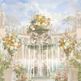Jardin et architecture anciens - Colonnes en demi cercle, fontaine, statues, anges et fleurs multicolores