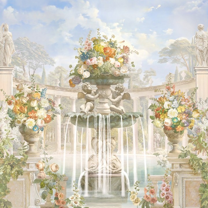 Jardin et architecture anciens - Colonnes en demi cercle, fontaine, statues, anges et fleurs multicolores