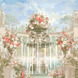 Jardin et architecture anciens - Colonnes en demi cercle, fontaine, statues, anges et fleurs rouges blanches