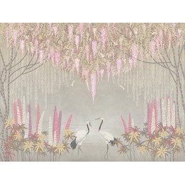 Grues du Japon et libellules sous saules pleureurs et glycine, version fleur rose sur fond gris clair