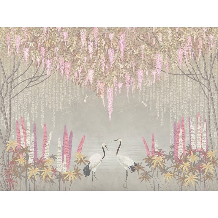 Grues du Japon et libellules sous saules pleureurs et glycine, version fleur rose sur fond gris clair