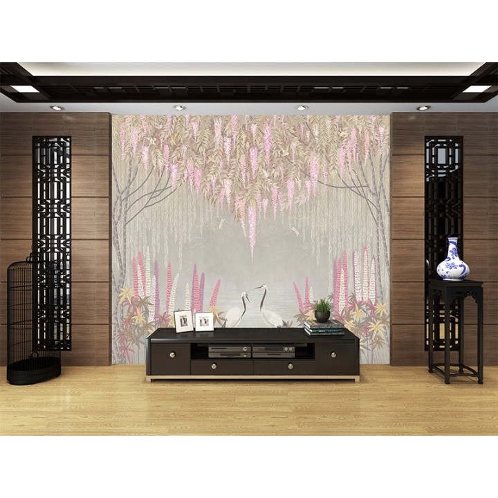 Grues du Japon et libellules sous saules pleureurs et glycine, version fleur rose sur fond gris clair