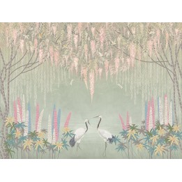 Tapisserie tropicale issue d'un tableau d'artiste, format vertical - Paons et oiseaux au bord du lac dans la jungle