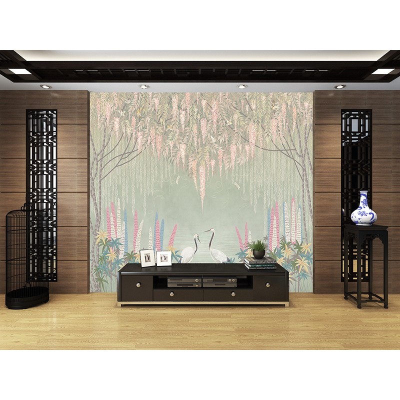 Décor Zen Grue du Japon Oiseau Légendaire Glycine Arbre