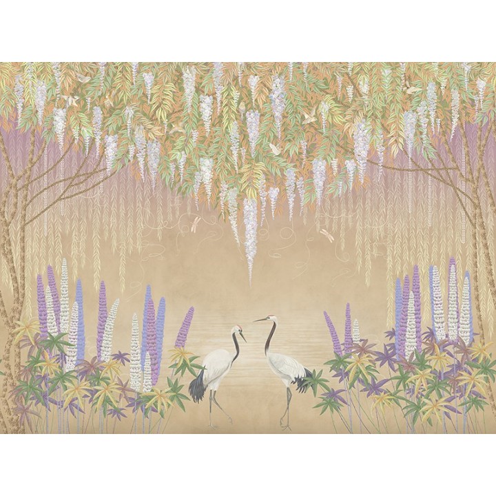 Tableau d'artiste paysage tropical grand panoramique effet sépia - Fleurs et plantes grimpantes dans la jungle