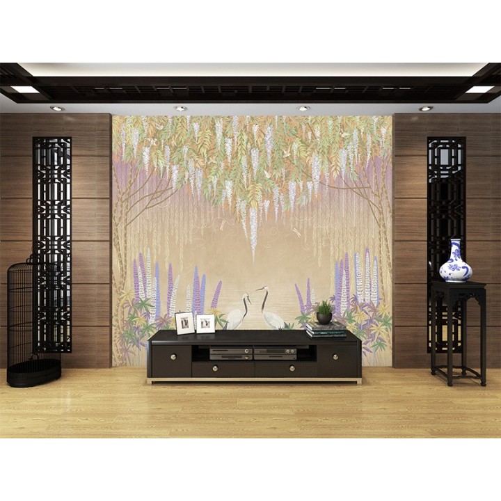 Tableau d'artiste paysage tropical grand panoramique effet sépia - Fleurs et plantes grimpantes dans la jungle