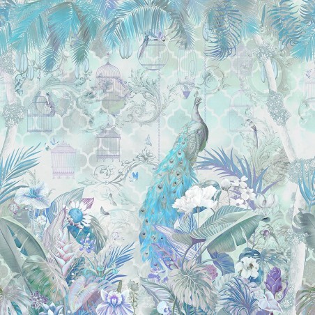 Paon bleu dans jardin tropical avec fleurs et oiseaux, ton turquoise