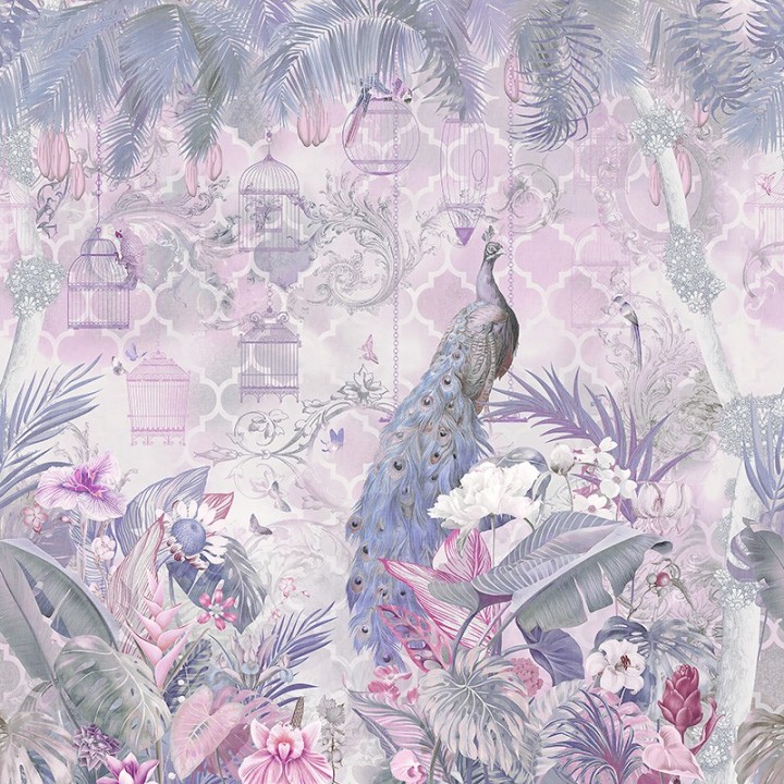 Paon bleu dans jardin tropical avec fleurs et oiseaux, ton rose mauve
