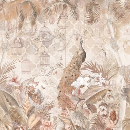 Paon bleu dans jardin tropical avec fleurs et oiseaux, effet sépia