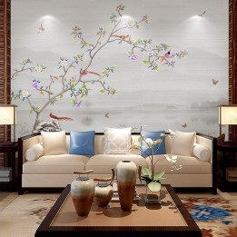 Paysage zen avec fleurs, oiseaux et papillons, ton gris