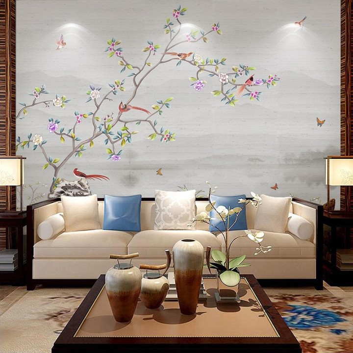 Paysage zen avec fleurs, oiseaux et papillons, ton gris