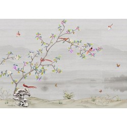 Paysage zen avec fleurs, oiseaux et papillons, ton gris