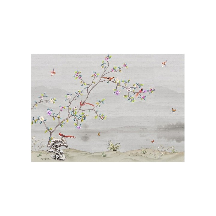 Paysage zen avec fleurs, oiseaux et papillons, ton gris