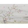 Paysage zen avec fleurs, oiseaux et papillons, ton gris