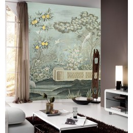 Citronnier dans jardin avec fleurs et oiseaux, ton vert pastel
