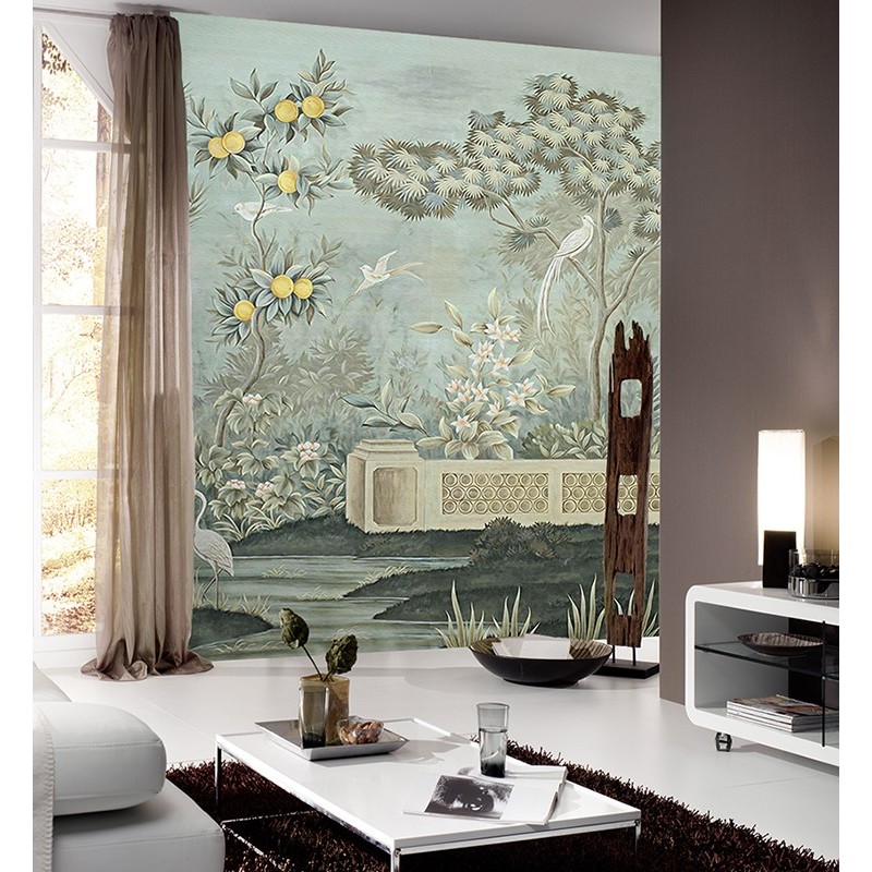 Citronnier dans jardin avec fleurs et oiseaux, ton vert pastel
