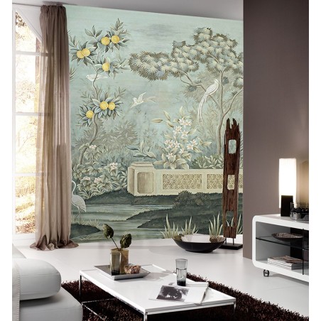 Citronnier dans jardin avec fleurs et oiseaux, ton vert pastel Citronnier dans jardin avec fleurs et oiseaux, ton vert pastel