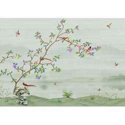 Paysage zen avec fleurs, oiseaux et papillons, ton vert