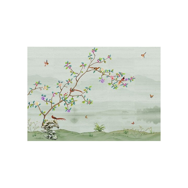 Paysage zen avec fleurs, oiseaux et papillons, ton vert