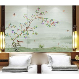 Paysage zen avec fleurs, oiseaux et papillons, ton vert