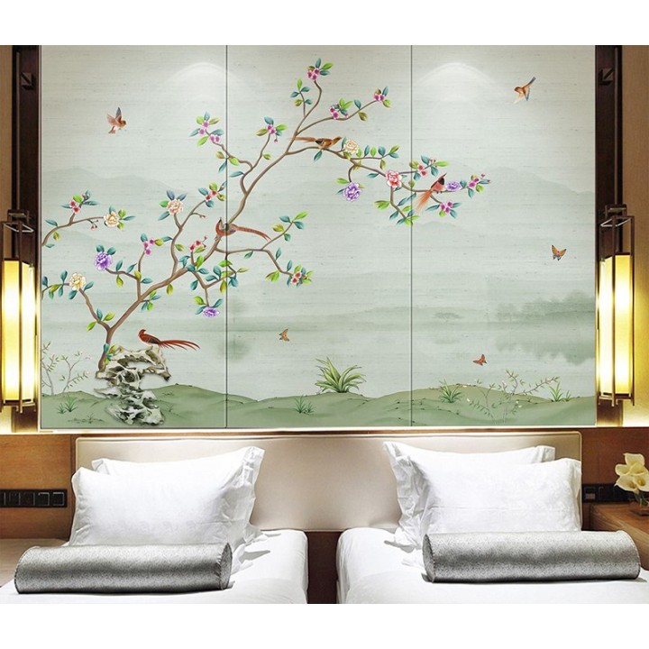 Paysage zen avec fleurs, oiseaux et papillons, ton vert