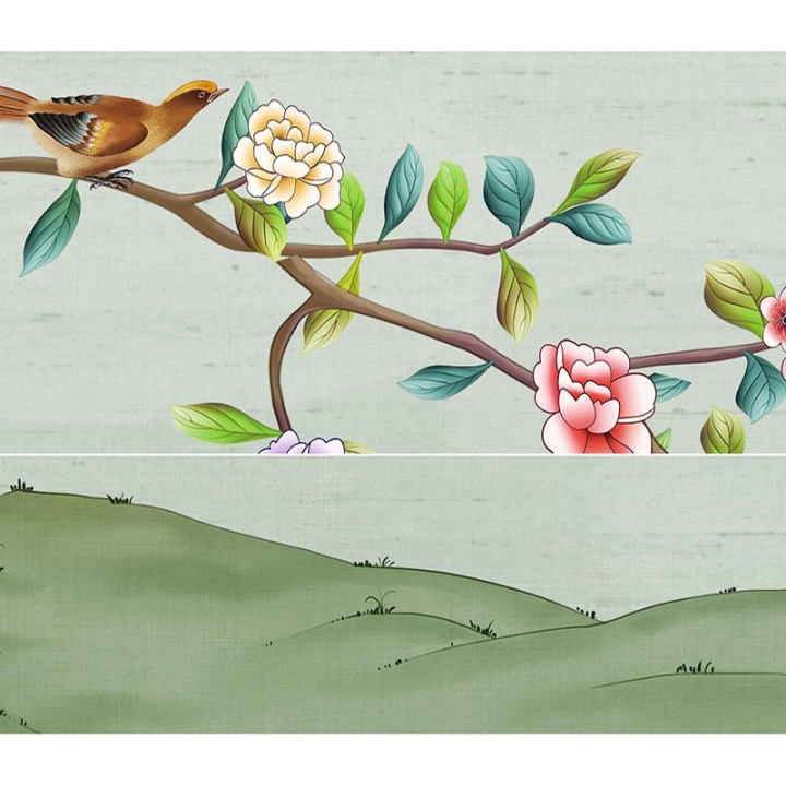 Paysage zen avec fleurs, oiseaux et papillons, ton vert