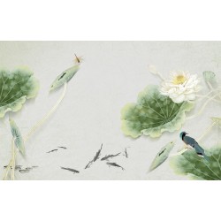 Peinture asiatique zen - Lotus blanc, oiseau bleu, libellule rouge, poisson noir sur fond gris