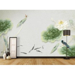 Peinture asiatique zen - Lotus blanc, oiseau bleu, libellule rouge, poisson noir sur fond gris